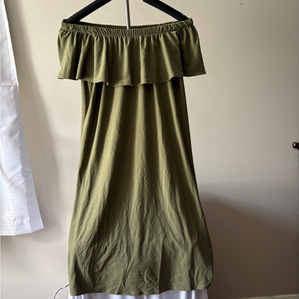 Feathers Off Shoulder Olive Green Dress